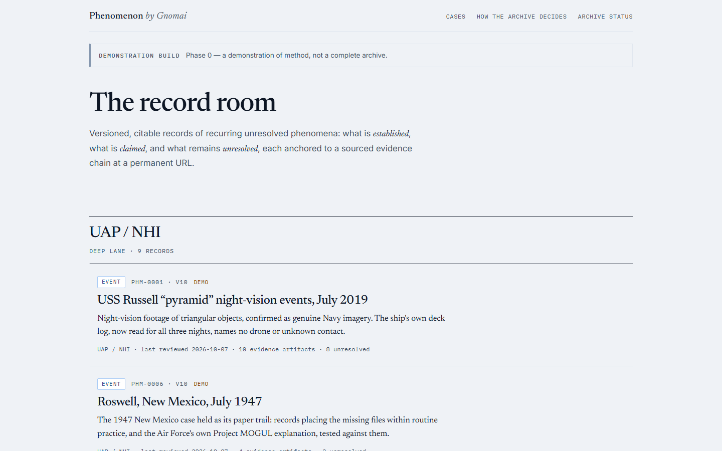 Phenomenon by Gnomai's home page, The record room: a demonstration build banner, one line on how the archive works, and its first UAP records, USS Russell in 2019 and Roswell in 1947.